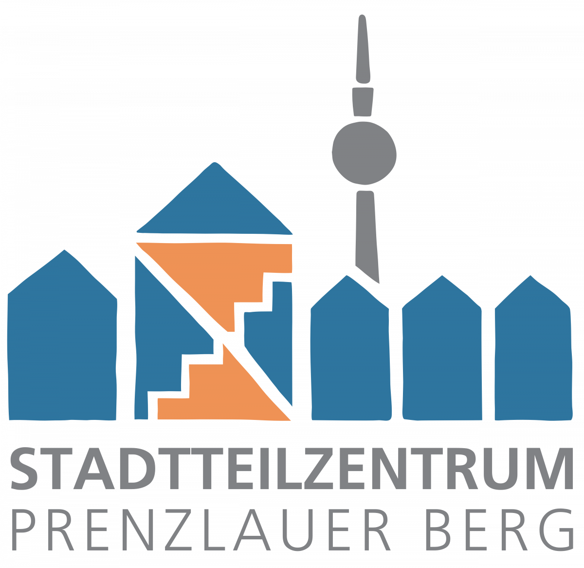 Logo des Stadtteilzentrums. Man sieht eine gezeichnete Häuserreihe. Dazwischen ein Haus mit mehreren Stokwerken und Abschnitten. Im Hintergrund der Fernsehturm. Darunter steht: Stadtteilzentrum Prenzlauer Berg