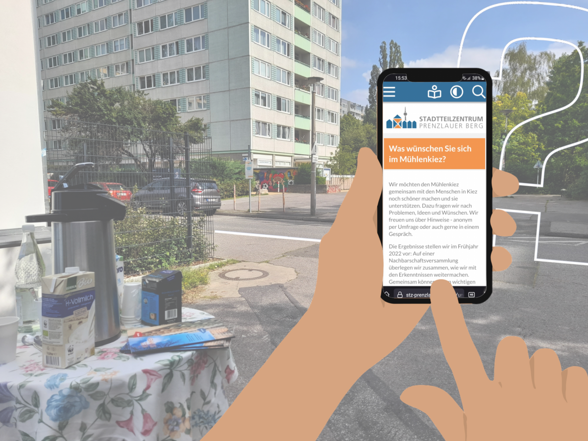 Foto vom Mühlenkiez mit einem Smartphone auf dem die Umfrage-Seite zu sehen ist und einem großen Fragezeichen