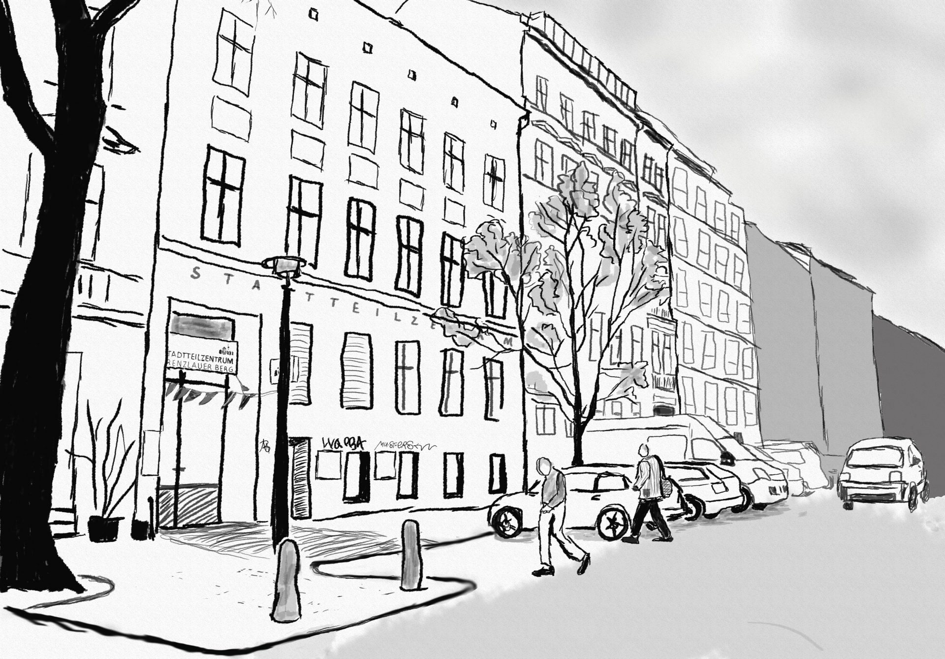 Straßenansicht des Stadtteilzentrums Prenzlauer Berg in der Fehrbelliner Straße (mit Zeichenfilter bearbeitet). Straßenansicht des Stadtteilzentrums Prenzlauer Berg in der Fehrbelliner Straße (mit Zeichenfilter bearbeitet).