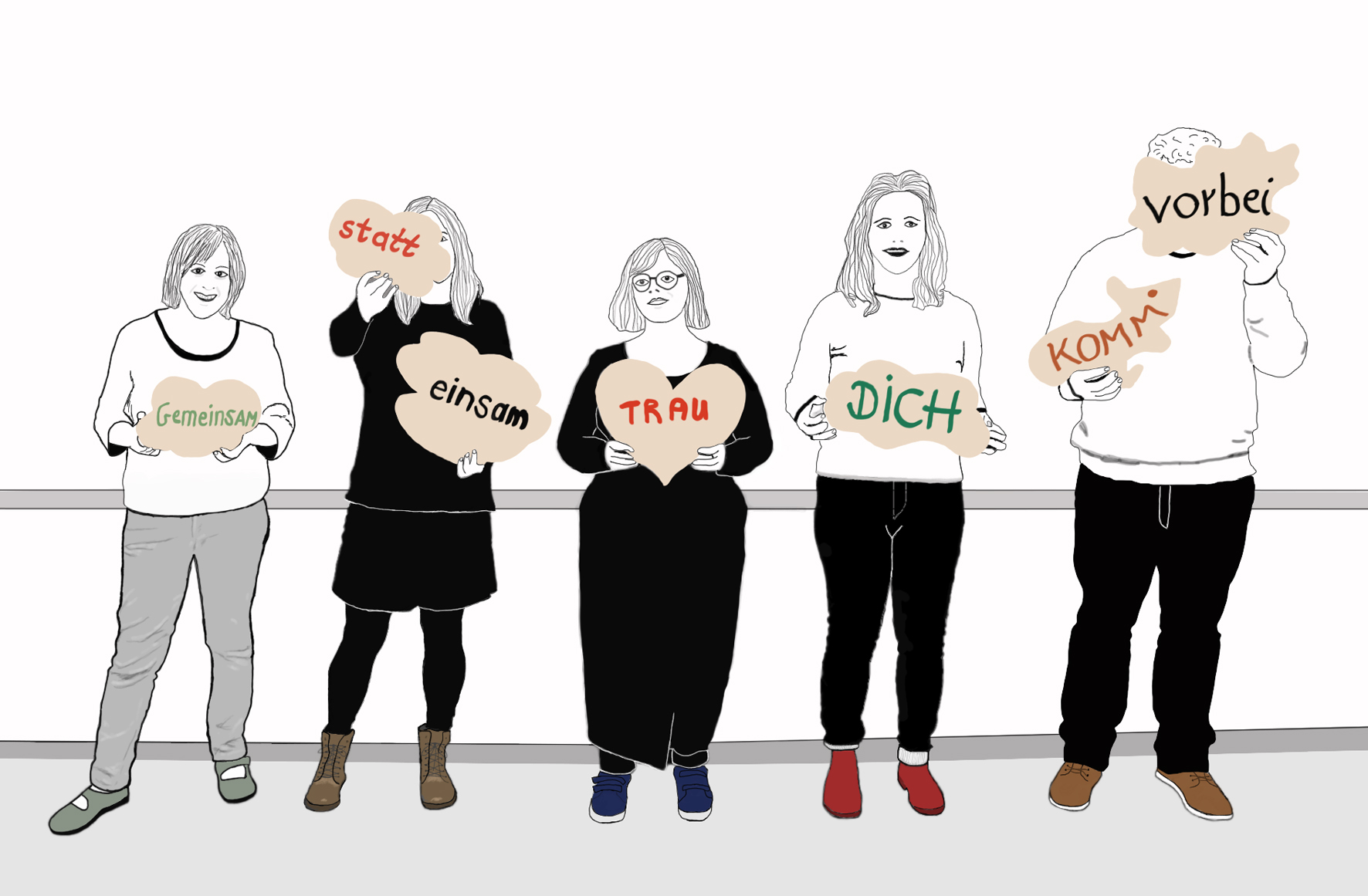 5 Personen, die nebeneinander stehen und beschriebene Schilder mit den Worten: "Gemeinsam statt einsam. Trau Dich. Komm vorbei" hochhalten. 5 Personen, die nebeneinander stehen und beschriebene Schilder mit den Worten: "Gemeinsam statt einsam. Trau Dich. Komm vorbei" hochhalten.